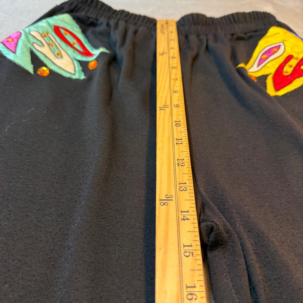 Vintage 80s Art to Wear Embellished Knit Pants Black Abstract Applique M comfort - Picture 5 of 12